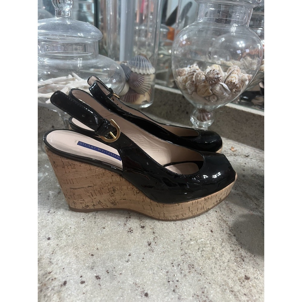 Stuart Weitzman Riviera Black Patent Leather Peep Toe Cork Wedge Shoes 10 M